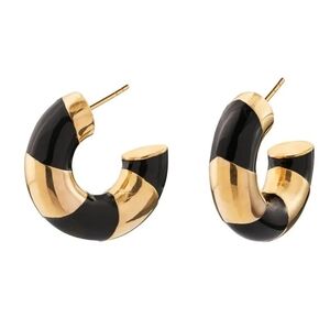 Past Midnight Black Enamel  Wrapped Golden Ribbon Hoop Earrings Elegant 1.25"